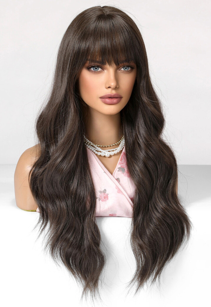 Donkerbruine Golvend Haarstuk met Pony