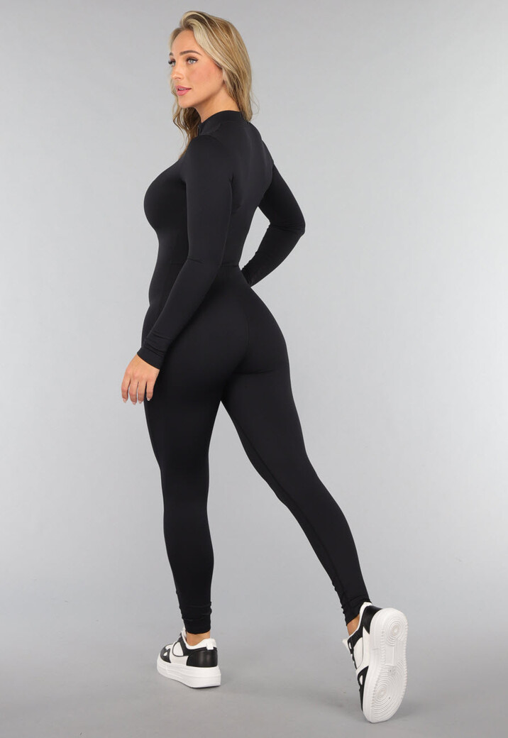 Zwarte Aansluitende Jumpsuit met Ritssluiting