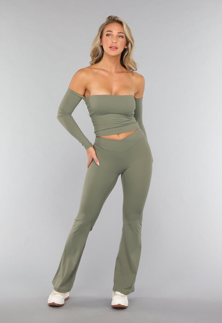 Legergroene Off Shoulder Top met Lange Mouwen