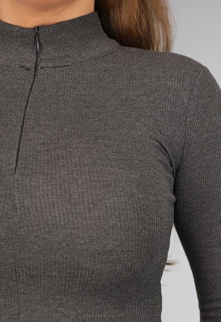 Grijs Ribstof Jurkje met Duimgaten