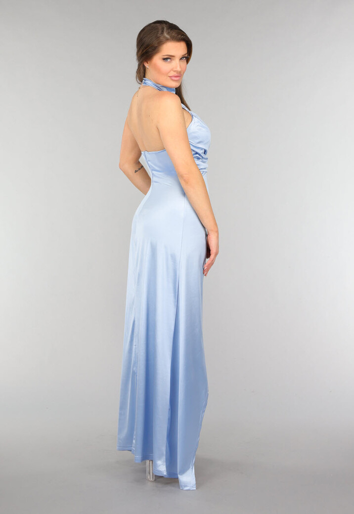 Lichtblauwe Geplooide Satin Jurk met Split