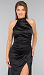 Zwarte Satijnen Halter Jurk met Split