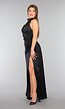 Zwarte Satijnen Halter Jurk met Split