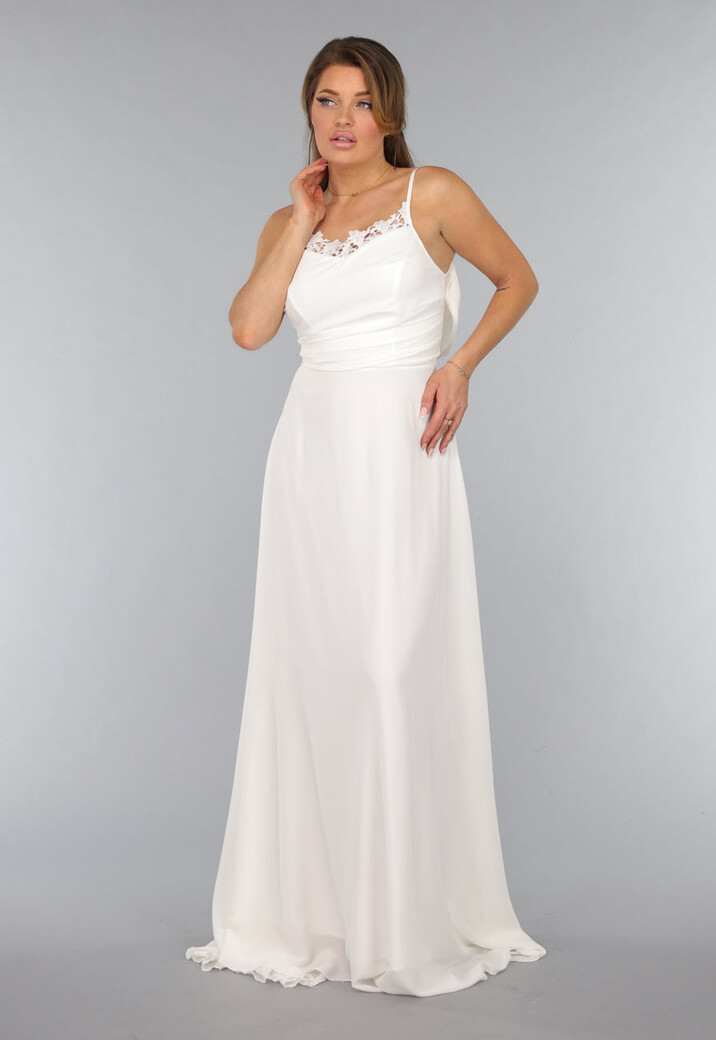 Witte Lange Bruidsjurk met Kanten Detail