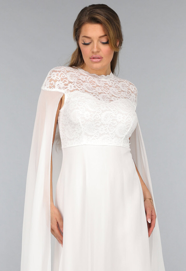 Witte Lange Trouwjurk met Chiffon Mouwen