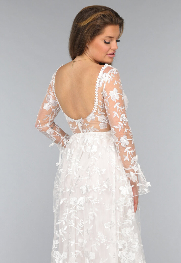 Lange Witte Bridal Jurk met Bloemen