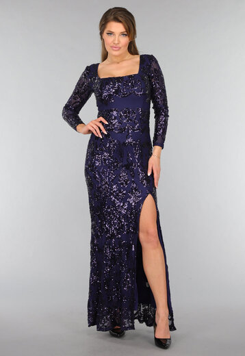 Donkerblauwe Jurk met Pailletten Ornamenten