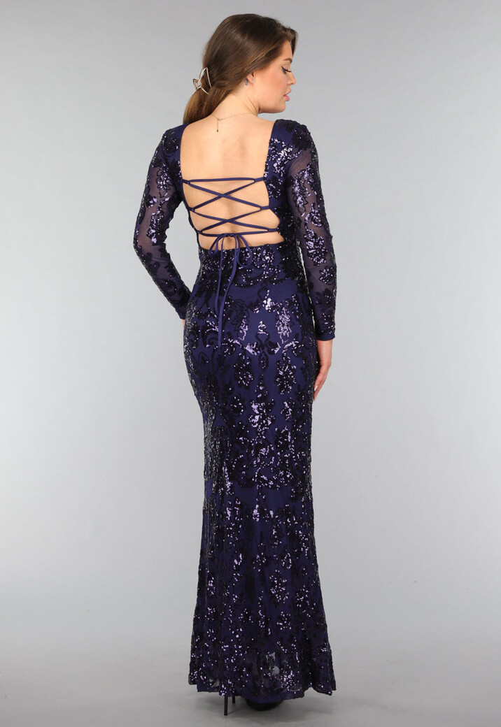 Donkerblauwe Jurk met Pailletten Ornamenten