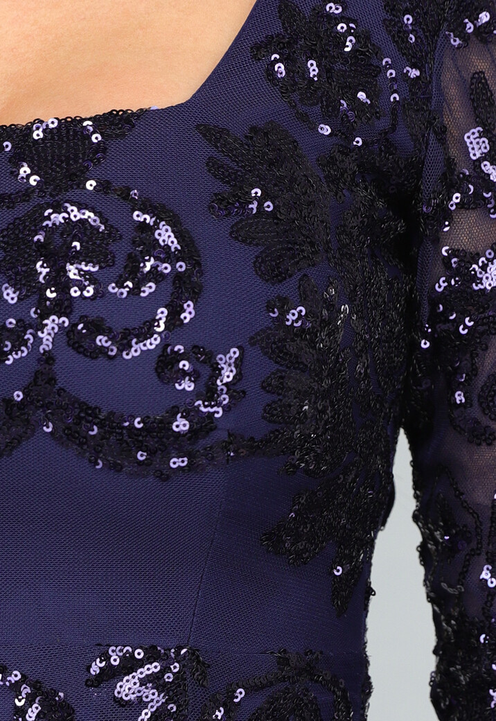 Donkerblauwe Jurk met Pailletten Ornamenten