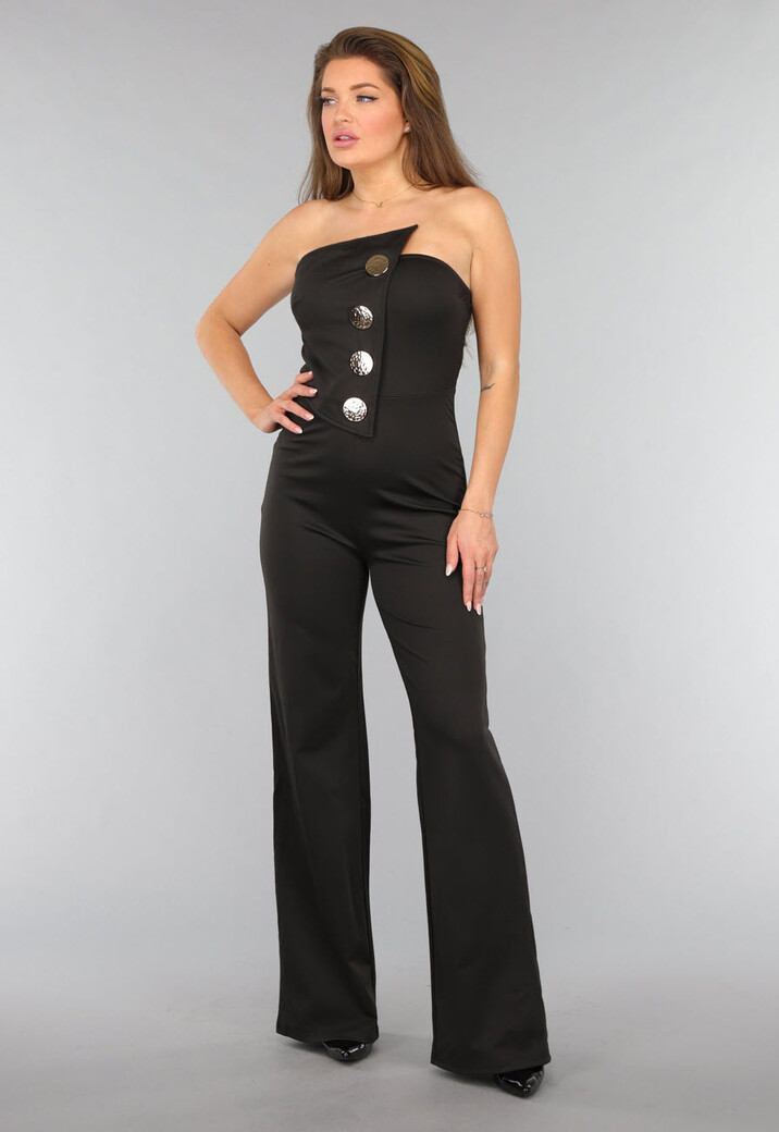 Zwarte Strapless Jumpsuit met Knoopdetail