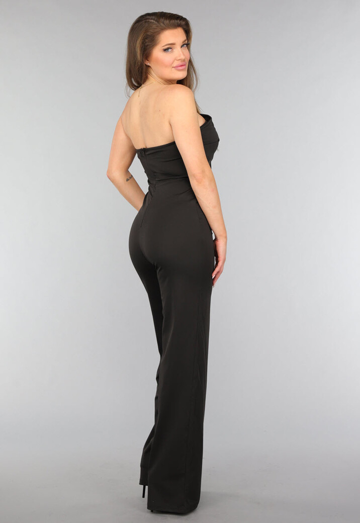 Zwarte Strapless Jumpsuit met Knoopdetail