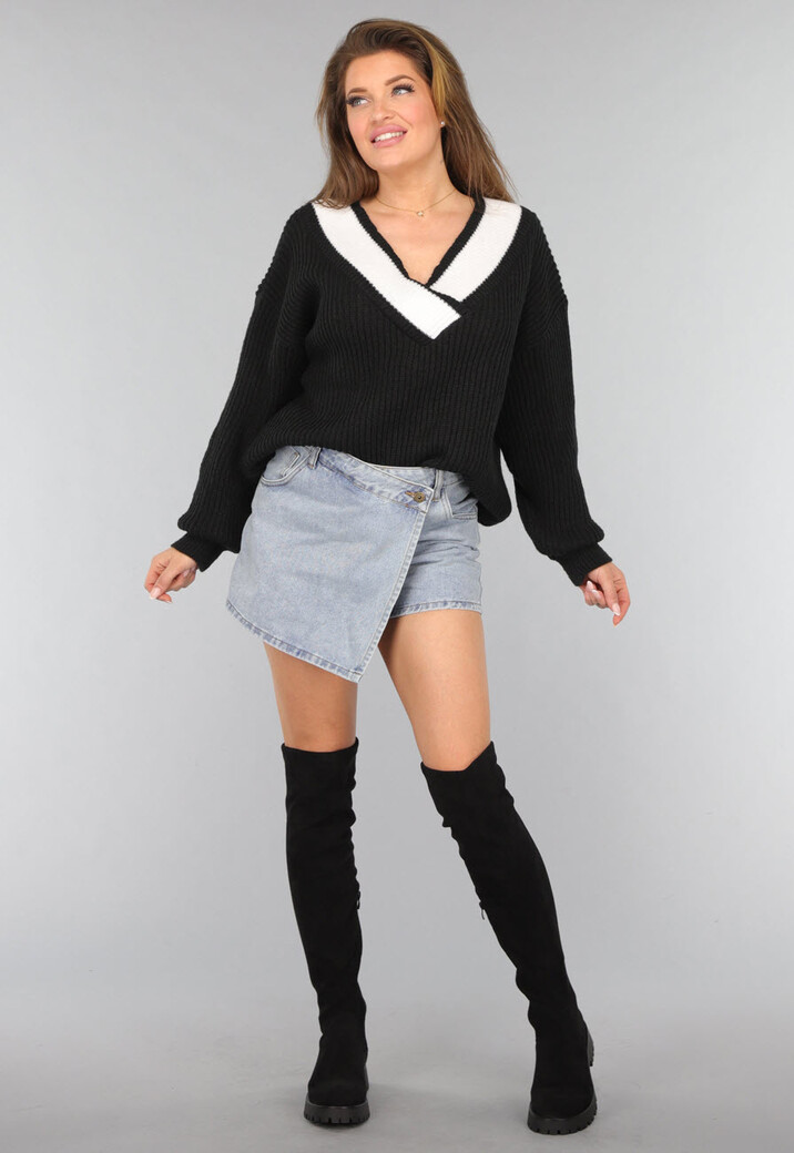 Zwarte Gebreide Trui met Pofmouwen