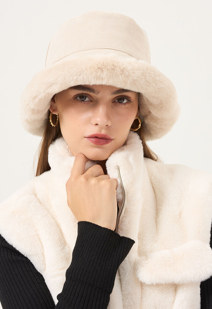 Suèdelook Bucket Hat met Bont Randje