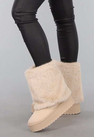 Beige Faux Fur Laarzen met Plateau