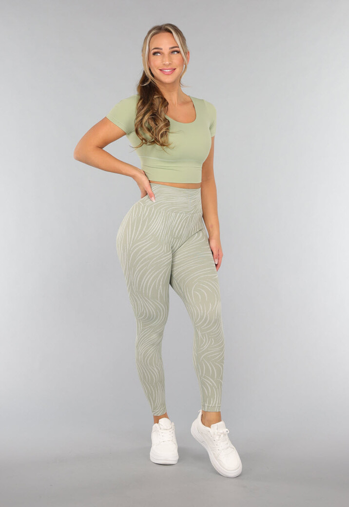 Khaki Sportlegging met Gestreepte Print