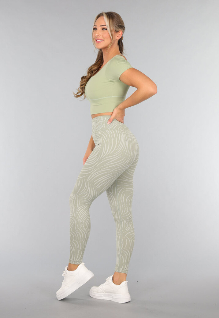 Khaki Sportlegging met Gestreepte Print