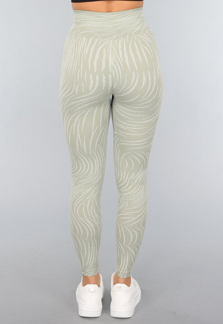 Khaki Sportlegging met Gestreepte Print
