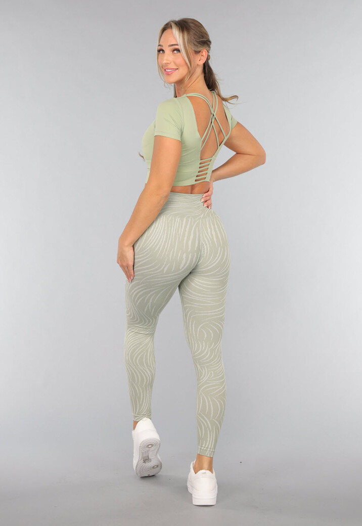 Khaki Sportlegging met Gestreepte Print