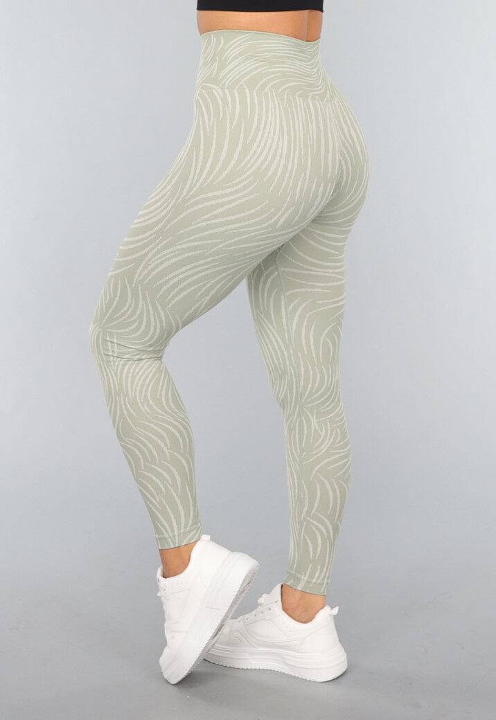 Khaki Sportlegging met Gestreepte Print