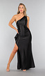 Satin Stretch Avondjurk met One Shoulder in Zwart