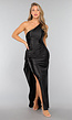 Satin Stretch Avondjurk met One Shoulder in Zwart