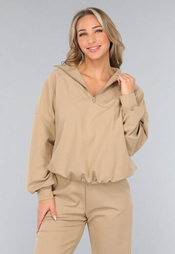 Beige Oversized Sweater met Rits