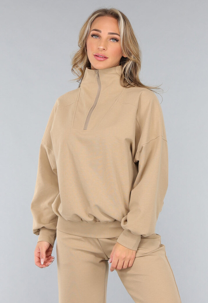 Beige Oversized Sweater met Rits