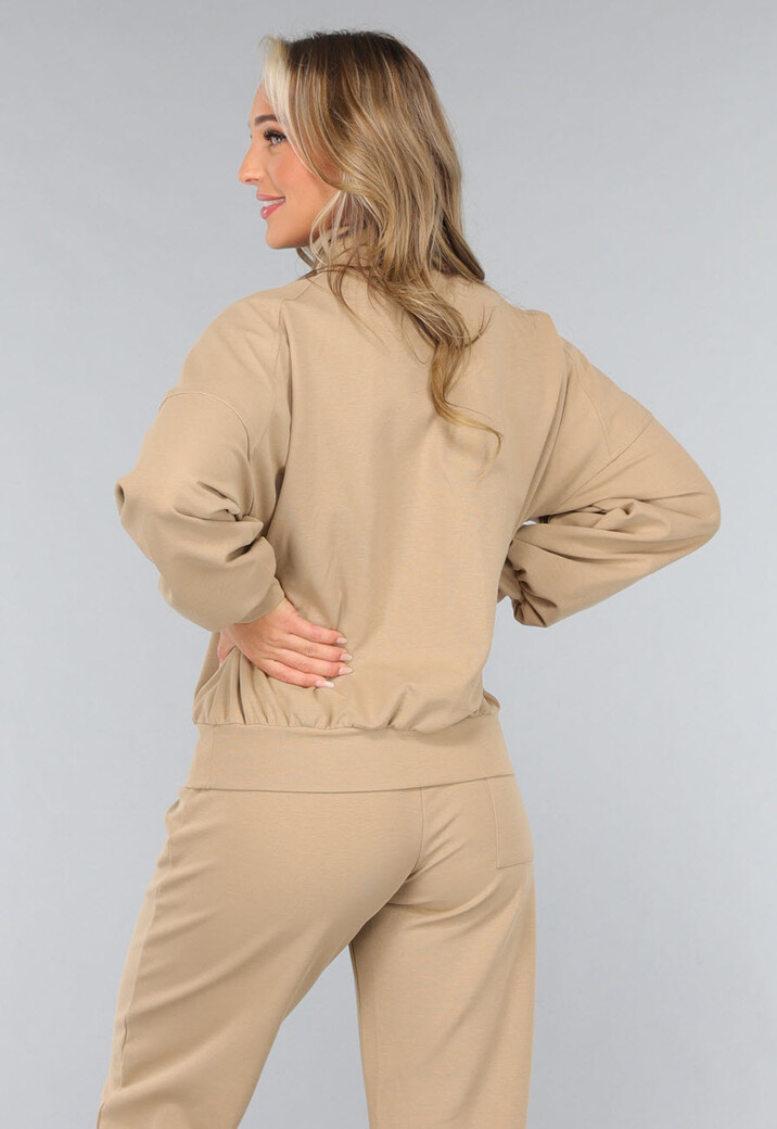 Beige Oversized Sweater met Rits