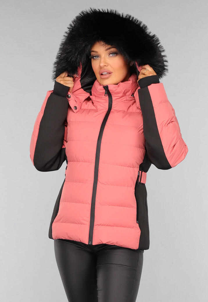 Koraalkleurige Donsjas met Imitatiebont