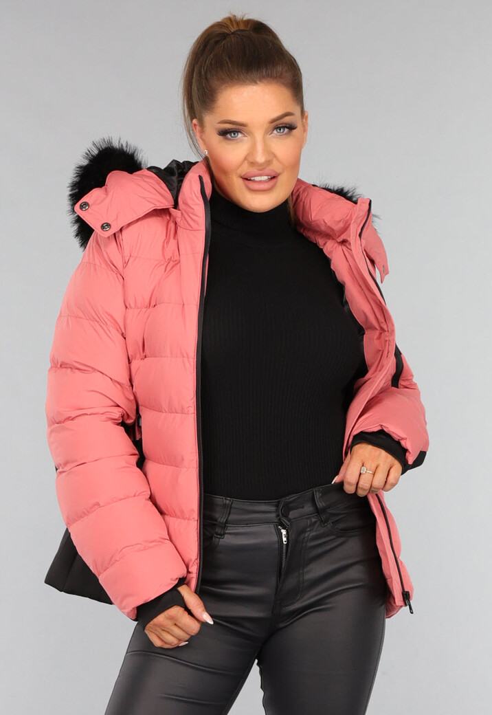 Koraalkleurige Donsjas met Imitatiebont