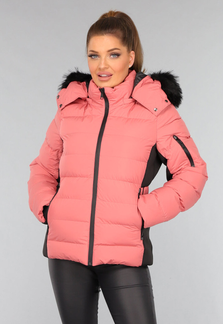 Koraalkleurige Donsjas met Imitatiebont
