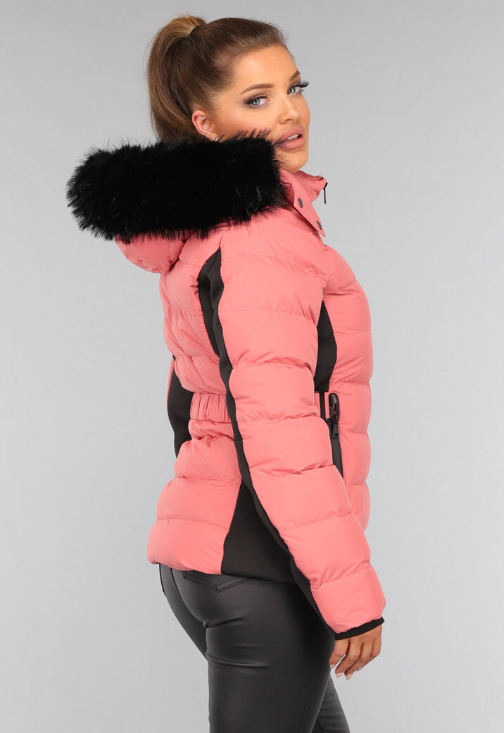 Koraalkleurige Donsjas met Imitatiebont