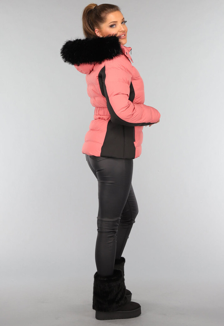Koraalkleurige Donsjas met Imitatiebont