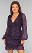Paarse Glitter Ruches Jurk met Pofmouwen