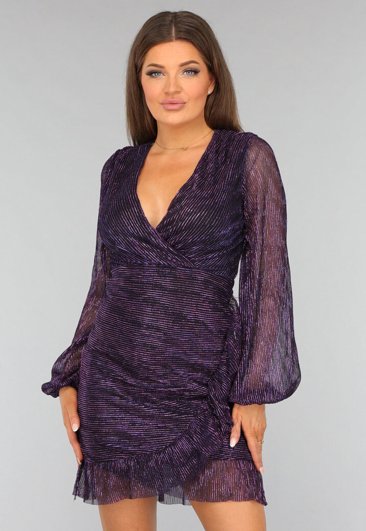 Paarse Glitter Ruches Jurk met Pofmouwen