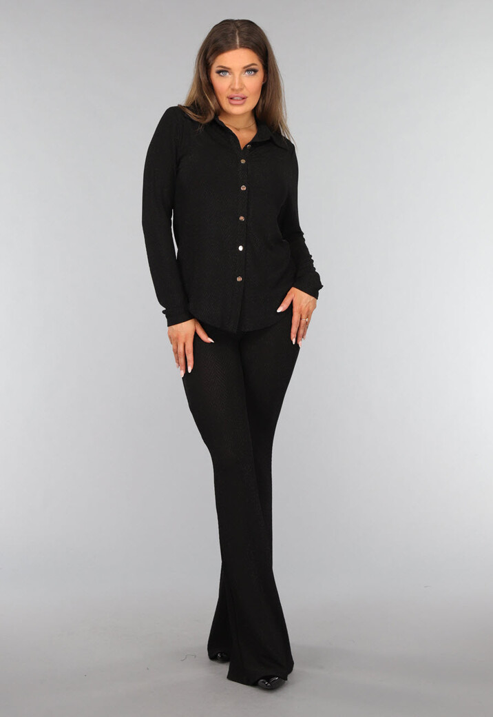 Zwarte Glitter Blouse met Gouden Knopen