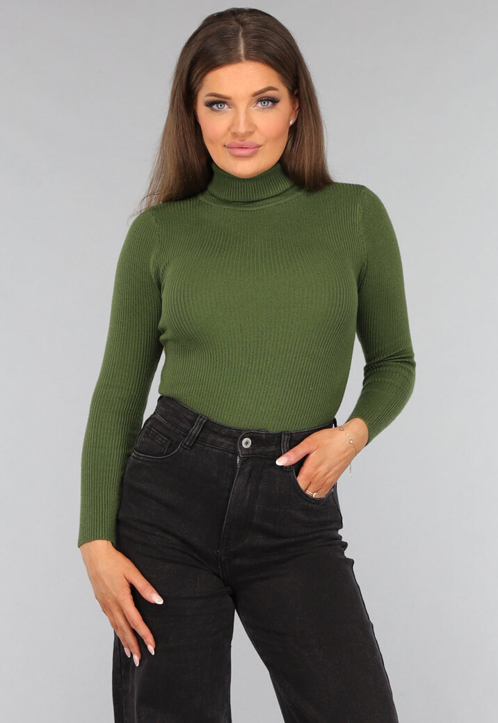 Khaki Longsleeve Trui met Hoge Kraag Uwantisell