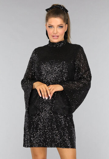 Petite Zwarte Pailletten Jurk met Wijde Mouwen