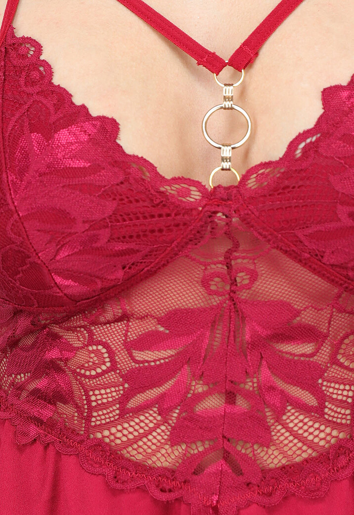 Bordeaux Rode Kanten Slipdress met Splitjes