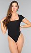 Zwarte Rib Bodysuit met Korte Mouwen