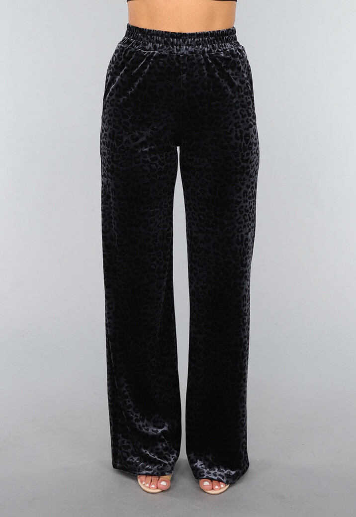 Navy Velours Pantalon met Panterprint