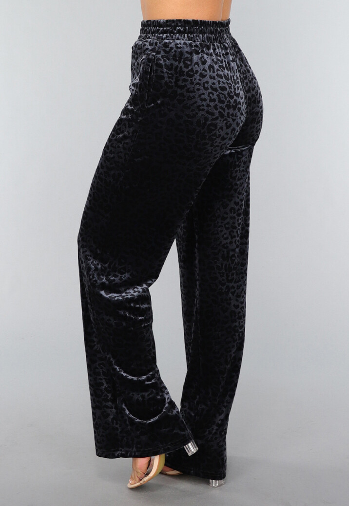 Navy Velours Pantalon met Panterprint