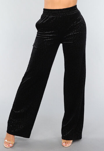Zwarte Fluwelen Wide Leg Panterprint Broek