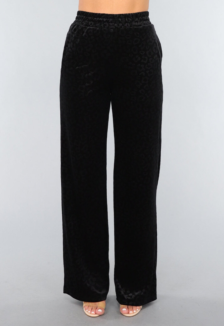 Zwarte Fluwelen Wide Leg Panterprint Broek