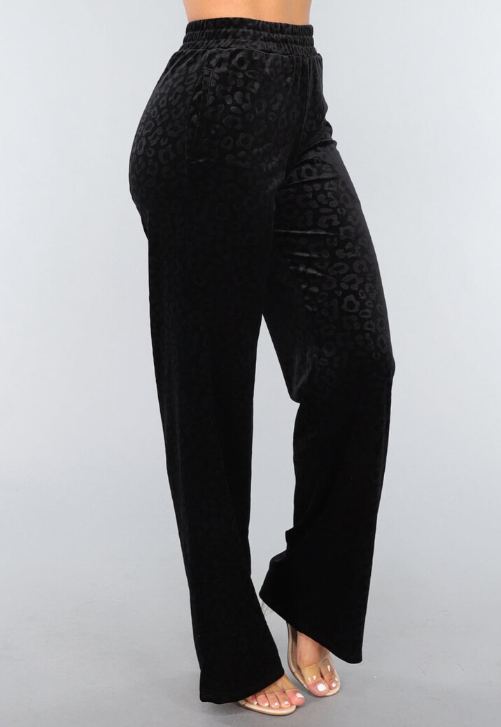 Zwarte Fluwelen Wide Leg Panterprint Broek