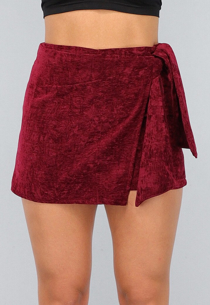 Bordeaux Rode Velours Overslag Skort met Strikdetail