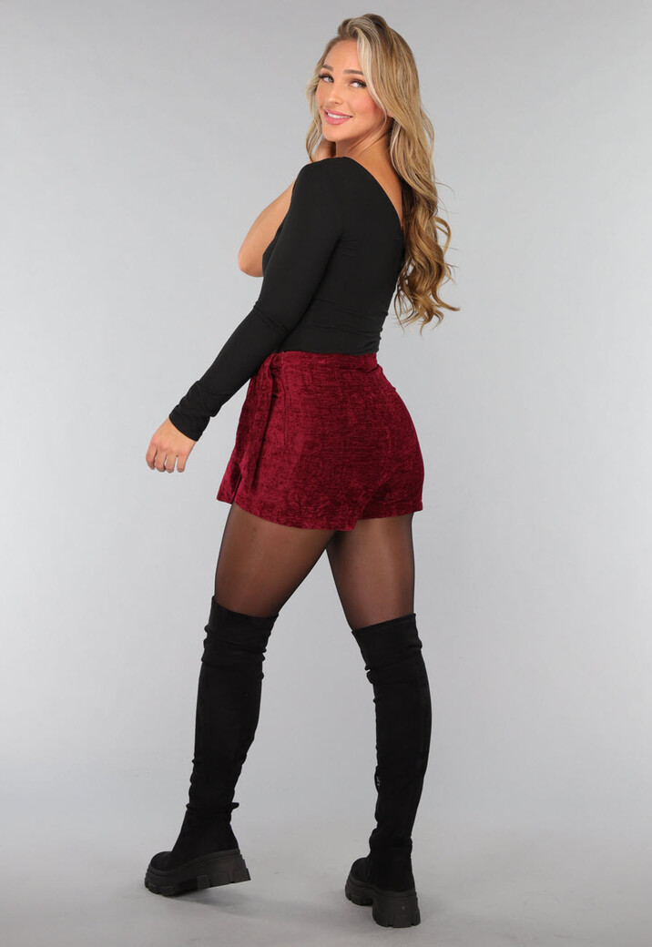 Bordeaux Rode Velours Overslag Skort met Strikdetail