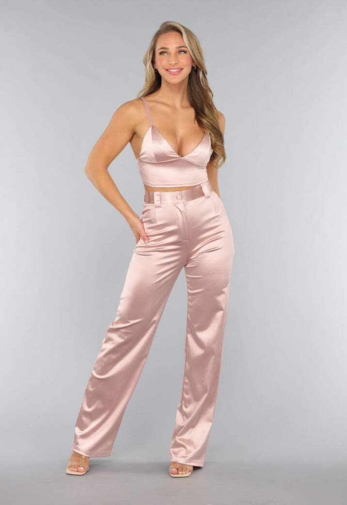 Rosé Stretch Satijnen High Waist Pantalon