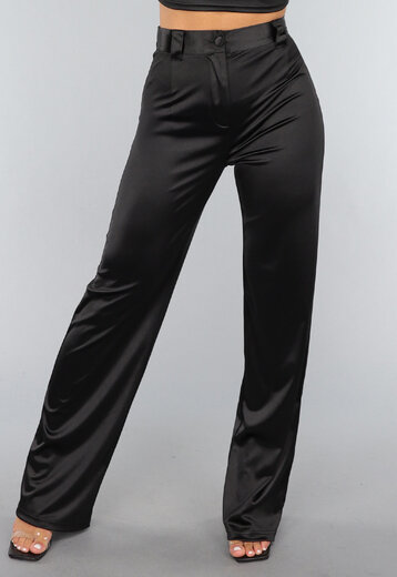 Zwarte Satijnen Straight Leg Stretch Pantalon