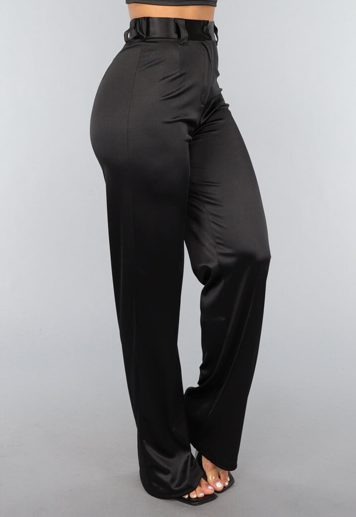 Zwarte Satijnen Straight Leg Stretch Pantalon